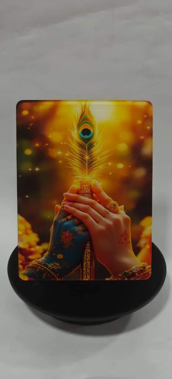 Krishna peacock-feather artwork printed on an acrylic stand