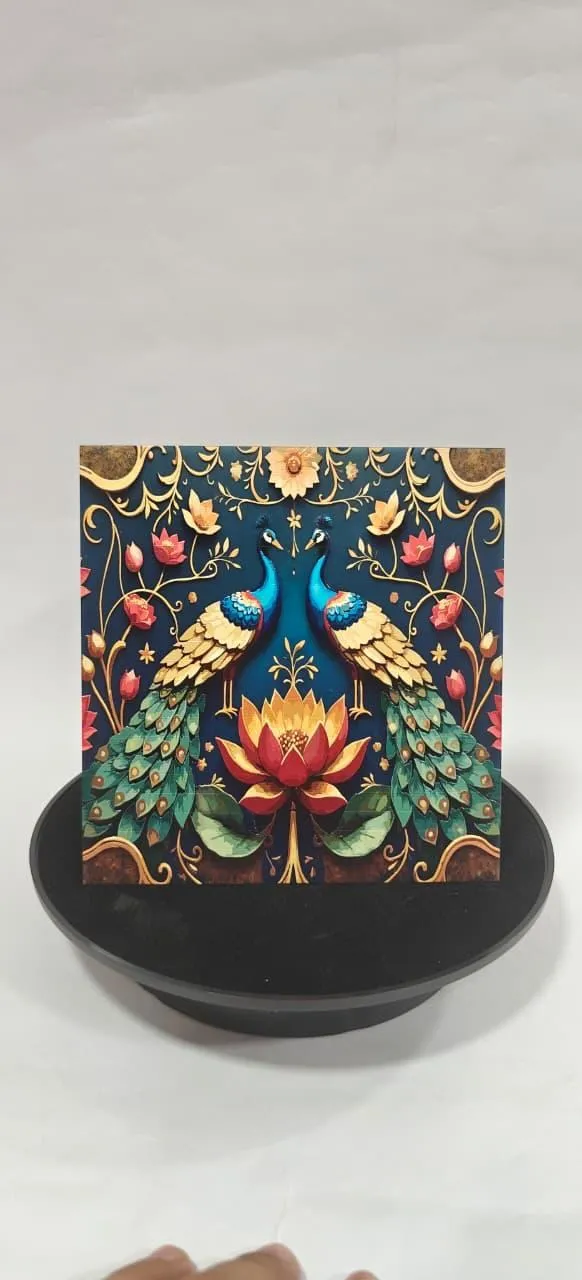 Peacock and lotus artwork UV printed on an acrylic stand