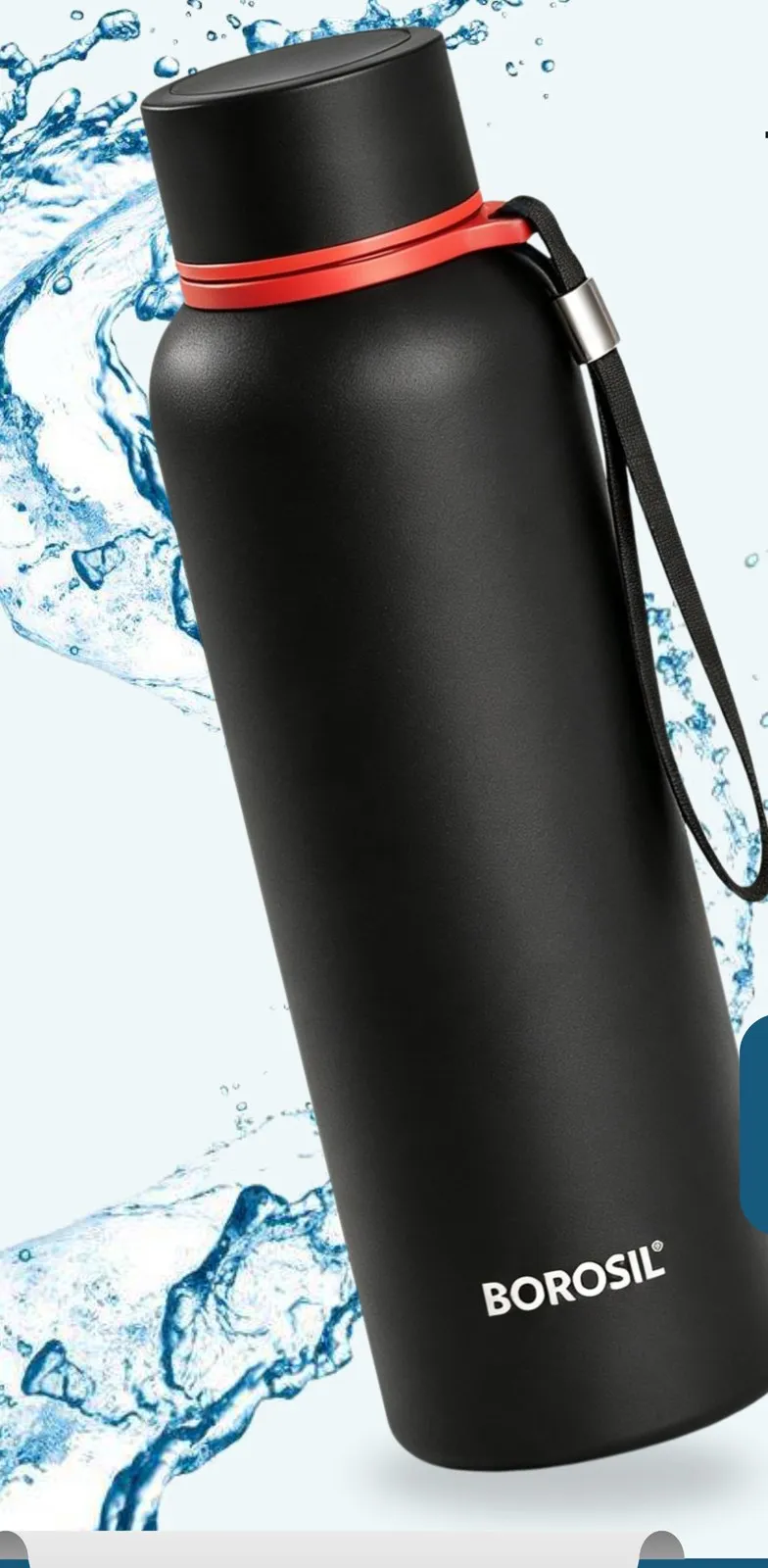 Black Borosil Hydra insulated bottle with red accent