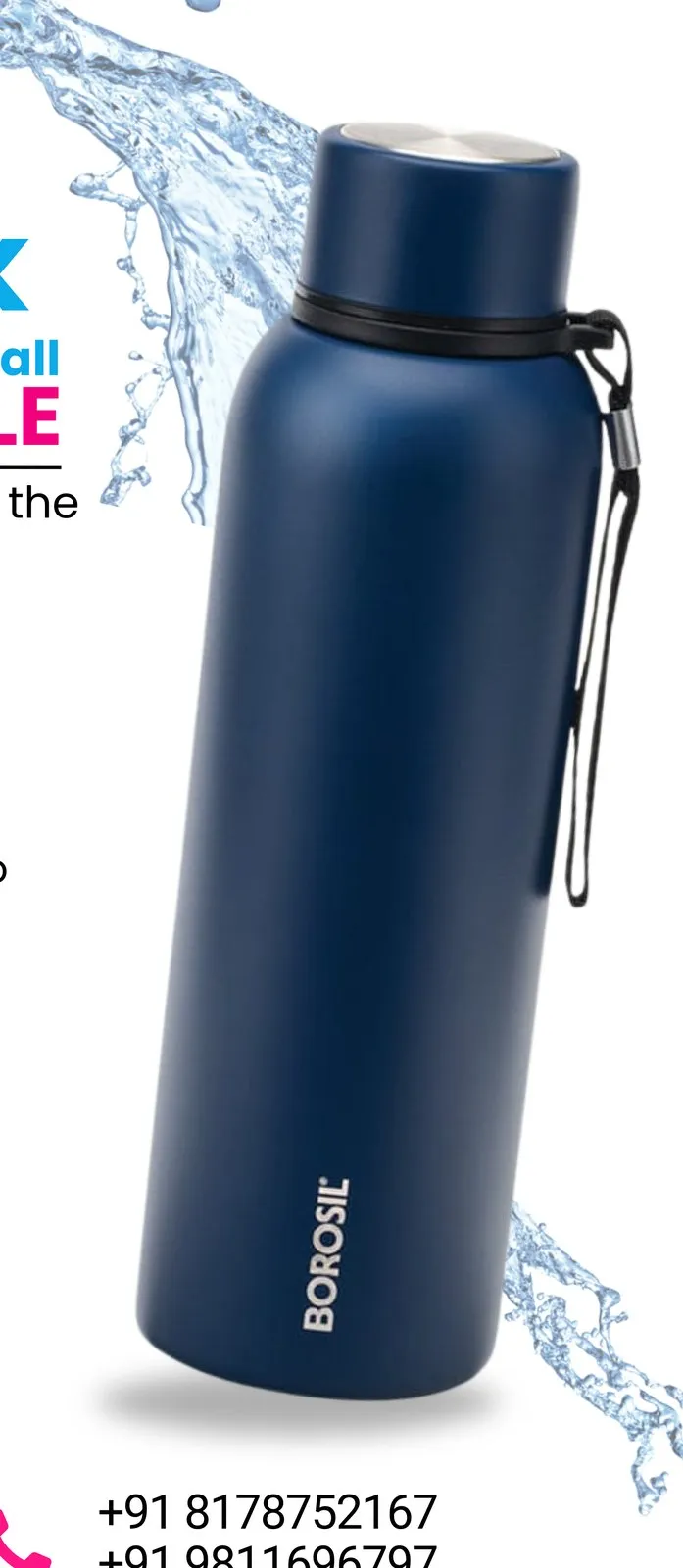 Navy Borosil Trek double-wall bottle