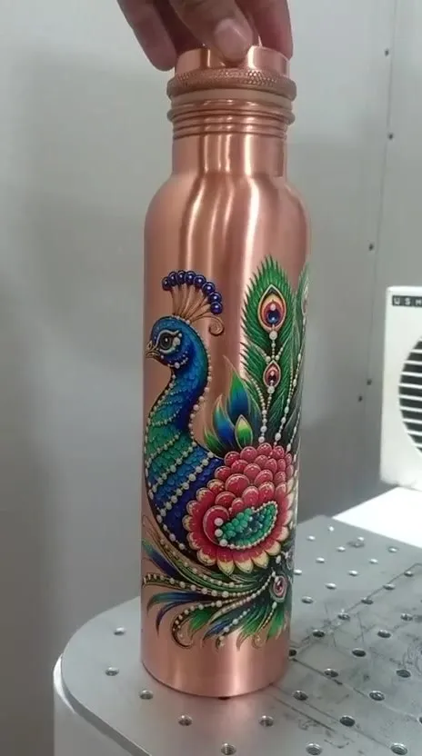 Copper bottle with a hand-painted-style peacock printed all the way round