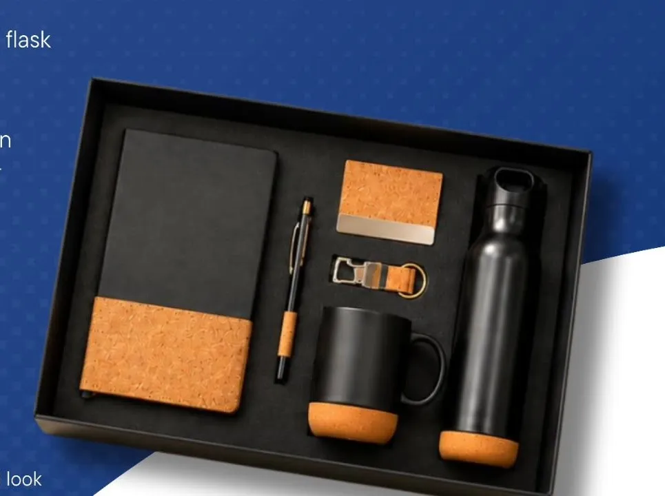Cork-accented gift set with flask, notebook, mug, keychain, card holder and pen