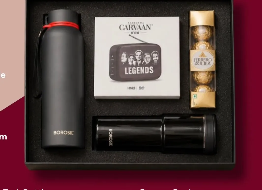 Moments & Memories hamper with Borosil bottle, Saregama Carvaan Mini, Ferrero Rocher and tumbler