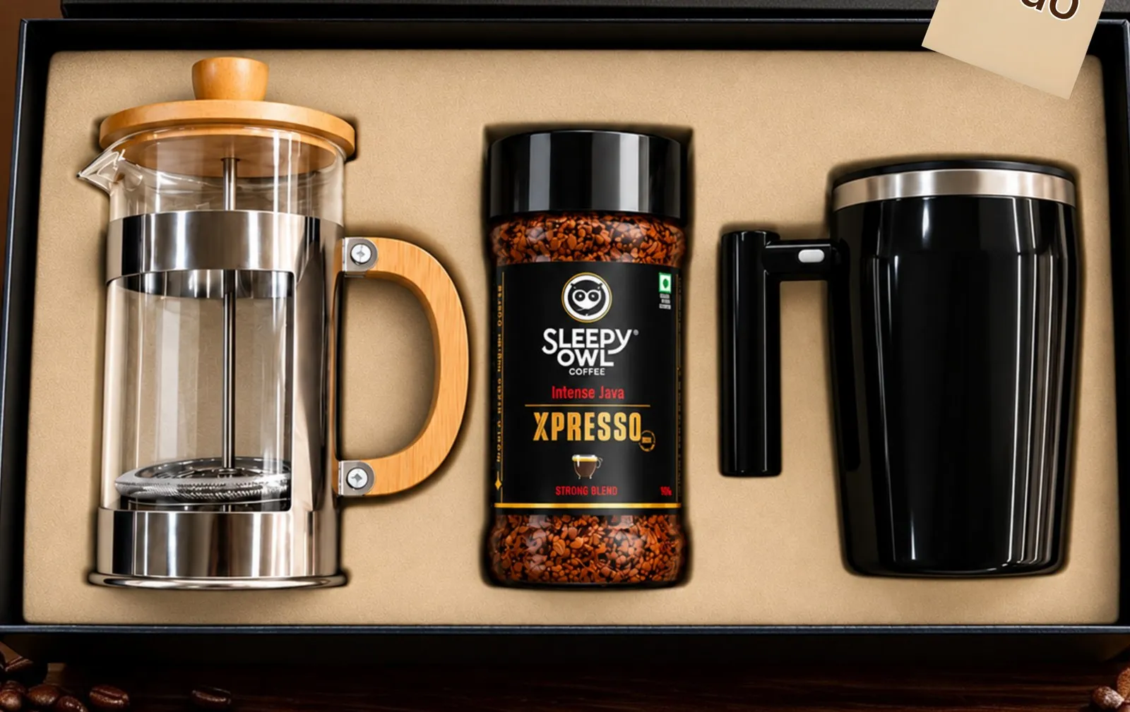 Coffee gift set with French press, Sleepy Owl coffee and insulated mug