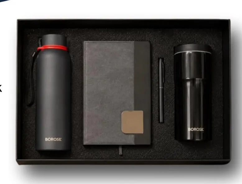 Purpose & Progress gift set with Borosil bottle, notebook, pen and mug