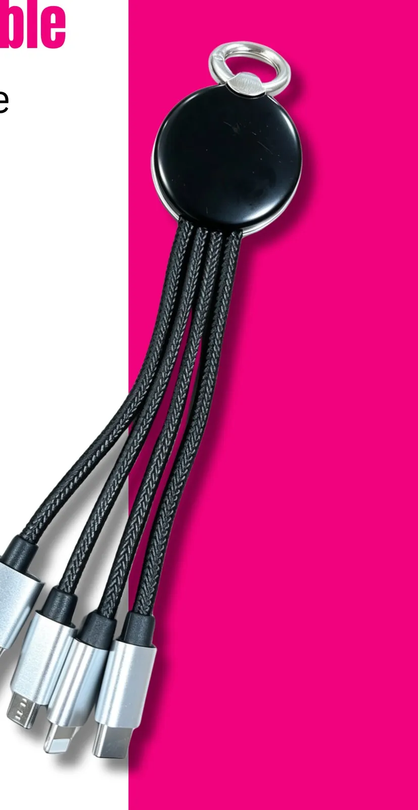 Black 3-in-1 charging cable with a round brandable hub