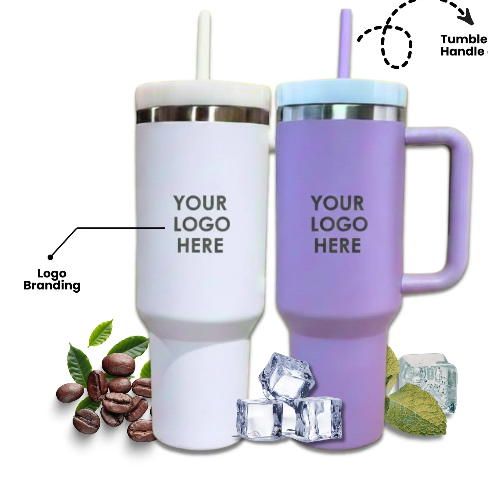 White and lilac insulated tumblers with handle and straw, logo area marked