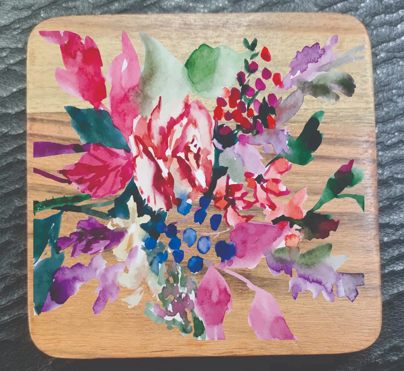 Full-colour floral artwork UV printed on a wooden panel